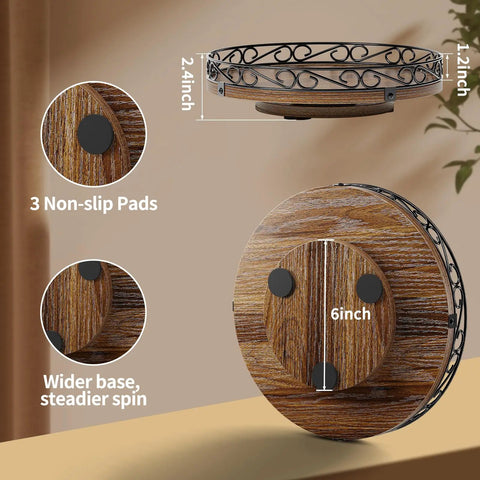 Dimensions and features of 9 Inch Lazy Susan Turntable Organizer For Tabletop And Cabinet Round Rustic Wooden Tray with metal edge.