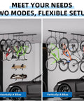 Ceiling Mounted Bike Rack for Garage Heavy Duty Indoor Metal Bike Hanger With 8 Adjustable Hooks That Holds Four To Eight Bikes Space Saving Ceiling Storage for Bikes in Garage or Basement 2 Piece Set, showing horizontal and vertical storage modes.