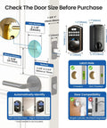 KS02A Fingerprint Keyless Entry Door Lock With Auto Lock And Electronic Keypad Deadbolt For Front Door Biometric Anti Peeping Password Easy Install No Keys Needed Oil Rubbed Bronze showing measurements and door compatibility details
