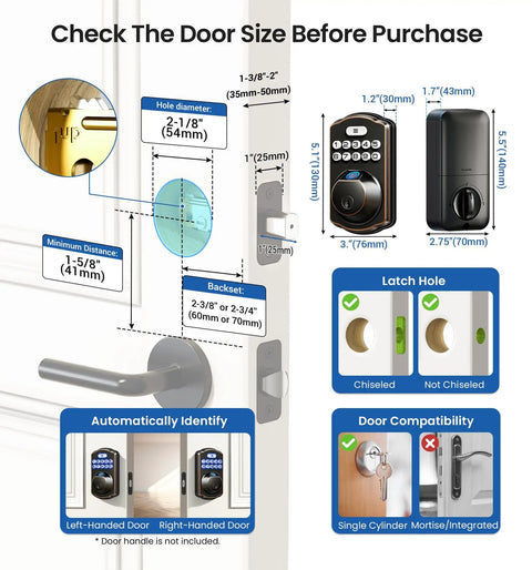 KS02A Fingerprint Keyless Entry Door Lock With Auto Lock And Electronic Keypad Deadbolt For Front Door Biometric Anti Peeping Password Easy Install No Keys Needed Oil Rubbed Bronze showing measurements and door compatibility details