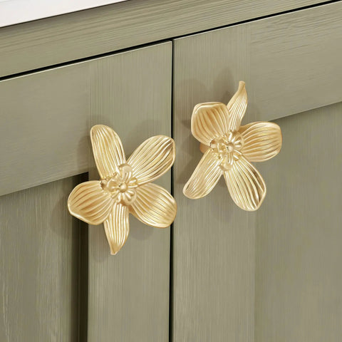 8 Pack 2.4 Inch Brushed Gold Flower Cabinet Knobs With Three Screw Sizes, Vintage Floral Drawer Pulls installed on green cabinet
