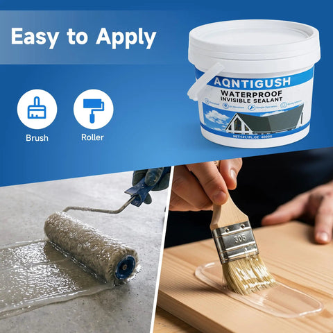 Straight Up Heavy Duty Transparent Waterproof Sealant To Nail Every Indoor And Outdoor Leak One Gallon Size Cures Fast To Form A Flexible Shield Around Cracks And Seams, with brush and roller application on surfaces.
