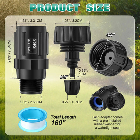 Two Pack Drip Irrigation Faucet Adapter Kit With 25 PSI Pressure Regulator For Garden Hose 1/4 Inch Drip Tubing To 3/4 Inch Faucet Connectors Includes Plumbing Tape And Replacement Adapters dimensions and components