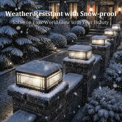 Top Notch Hardwired Outdoor Post Lights Big 15.75 Inch Column Fixture With Cozy 3000K Bulbs in snowy setting.