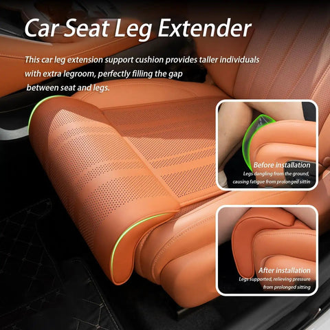 Upgrade Your Mini John Cooper Works Electric With This Cool Leg Support Cushion Made For 2025 And 2026 Models To Boost Legroom Big Time and Keep You Chill On Long Drives Without Worrying About Cramped Knees. Close-up of leg support cushion in orange leather showing installation difference before and after.
