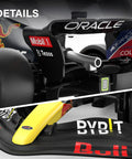 Close-up details of Licensed Red Bull F1 RB18 One Eighteen Scale Remote Control Car with realistic rear wing and logos.