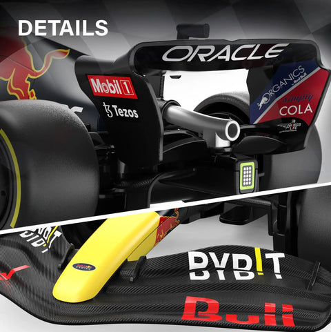 Close-up details of Licensed Red Bull F1 RB18 One Eighteen Scale Remote Control Car with realistic rear wing and logos.