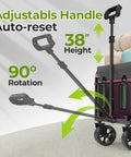 Pink Folding Wagon Cart With 5-Inch Wide Wheels showing adjustable handle with 38-inch height and 90-degree rotation for easy fold.
