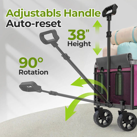 Pink Folding Wagon Cart With 5-Inch Wide Wheels showing adjustable handle with 38-inch height and 90-degree rotation for easy fold.
