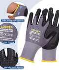 LOCCEF work gloves with gray seamless knit nylon and microfoam nitrile coated palm, dotted grip
