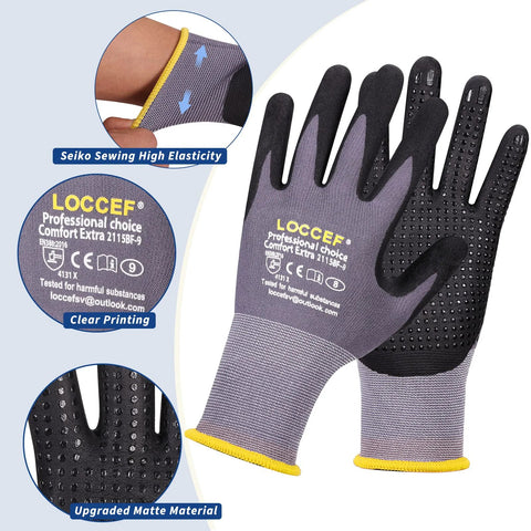 LOCCEF work gloves with gray seamless knit nylon and microfoam nitrile coated palm, dotted grip