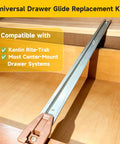 Straight Up Center Track Replacement Drawer Slides Fixed Heavy Duty And Solid As A Rock With Rite Trak I Compatible Reinforced Plastic Dresser Glides No Drama Smooth Glide Repair Kit 10 Sets installed in drawer.
