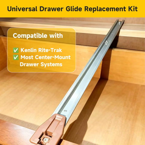 Straight Up Center Track Replacement Drawer Slides Fixed Heavy Duty And Solid As A Rock With Rite Trak I Compatible Reinforced Plastic Dresser Glides No Drama Smooth Glide Repair Kit 10 Sets installed in drawer.