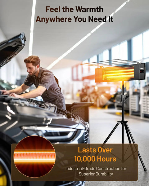 Carbon Infrared Patio Heater With Tripod, Remote Control, Tip Over Protection, Freestanding Or Wall Mounted, IP55 Indoor Outdoor Use, Odorless Heat, Black shown in garage setting