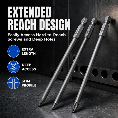 Heavy Duty 4 In 1 Hex Phillips Slotted Security Torx Long Screwdriver Bits Set With Magnetic 16 Piece 1 4 Inch Hex Shank 4 Inch S2 Steel for power drill showing three long bits with hex heads.