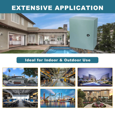 Weatherproof Outdoor Electrical Enclosure Box 12 By 8 By 6 Inches next to images of various applications including residential and industrial sites