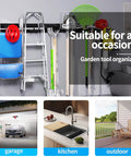 Must Have 48 Inch Heavy Duty Wall Tool Organizer Rack With Six Hooks For Shovels Rakes Garden Tools And Lawn Gear Stud Friendly 16 Inch Center Mounting For Easy Garage Storage And Quick Access, showing in garage