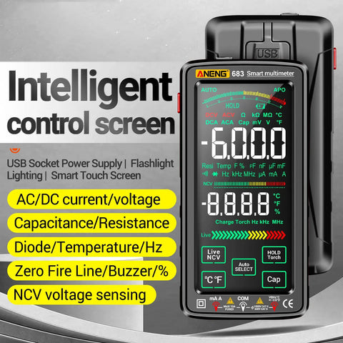 All In One Digital Multimeter With NCV Tester 6000 Counts Large VA Reverse Display showing readings and controls