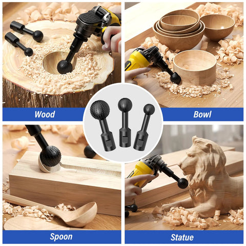 BURMONG 3-Piece Sphere Rotary Burr Set with 5/8-11 threads; three black carbide ball burrs for wood carving.