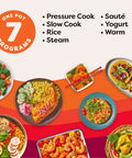 7 In 1 Electric Pressure Cooker With App For Recipe Library features, 7 cooking programs, diverse meals displayed