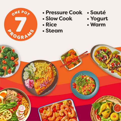 7 In 1 Electric Pressure Cooker With App For Recipe Library features, 7 cooking programs, diverse meals displayed