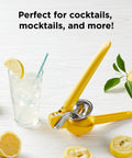 No Fuss Lemon Squeezer Citrus Juicer With Dual Gear Power Manual Hand Press on a table with sliced lemons and a drink