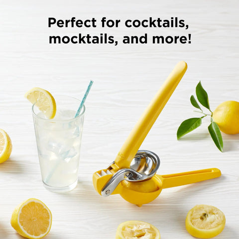 No Fuss Lemon Squeezer Citrus Juicer With Dual Gear Power Manual Hand Press on a table with sliced lemons and a drink