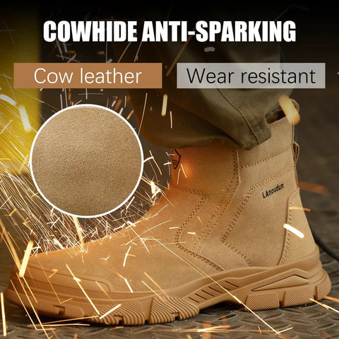 Heavy-Duty Steel Toe Welding Boots For Men With Zipper Laceless Welder Footwear Built For High Heat And Spark-Resistant Tough-As-Nails Work On Construction Sites Brown, shown side view highlighting cow leather and wear resistance.