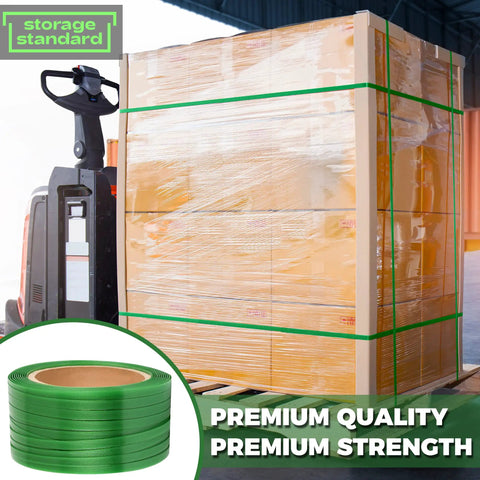 Forklift with pallet secured by Pallet Strapping Coil In Green Polyester PET For Industrial Packaging Beefy Strength 1000 Ft Roll