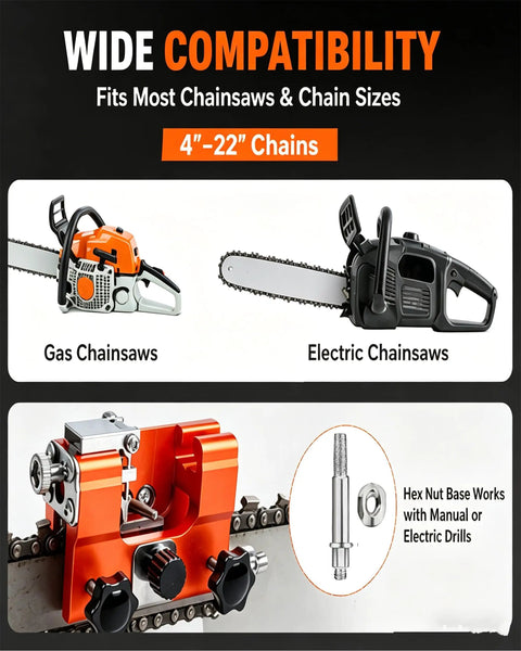 Image showing Klampero Chainsaw Sharpener with Hand Crank and Angle Guide, compatible with gas and electric chainsaws, fits 4-22 inch chains.