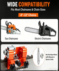 Image showing gas and electric chainsaws compatible with Klampero Chainsaw Sharpener Manual Chain Saw Sharpener Tool Portable Kit for 4 to 22 inch chains.
