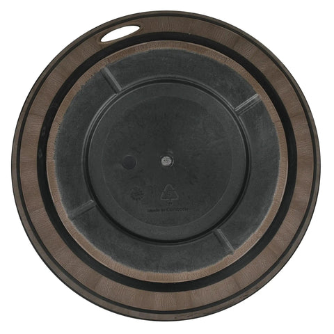 Bottom view of Brown Resin Garden Hose Pot With Removable Drain Plug, Big Capacity Hose Storage Container For Outdoor Patio Deck.