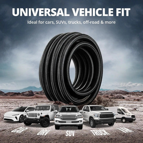 6AN Braided Fuel Line Hose 20Ft Black With CPE Inner Layer And Nylon Sheath displayed with various vehicle types