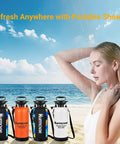All In One Portable Shower For Camping Surf And Beach Use Two Point One Gallon Tank With Ten Spray Modes Orange in beach setting
