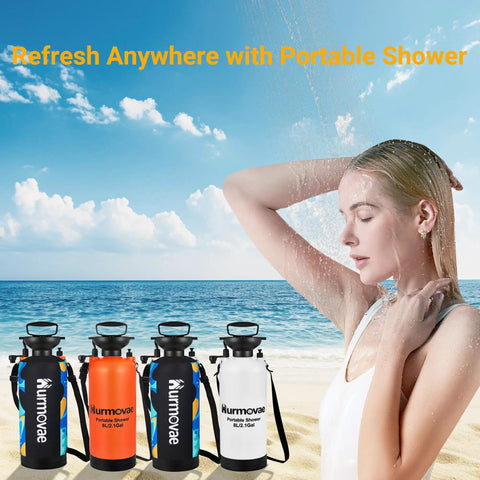 All In One Portable Shower For Camping Surf And Beach Use Two Point One Gallon Tank With Ten Spray Modes Orange in beach setting
