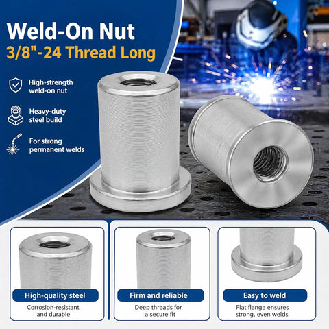 Heavy Duty Steel Weld On Nut 3/8-24 Fine Thread Female Stepped Chassis Mount Tab Hardware For Muscle Cars And Truck Builds Includes Four Pieces, showing high-strength steel build and deep threads.