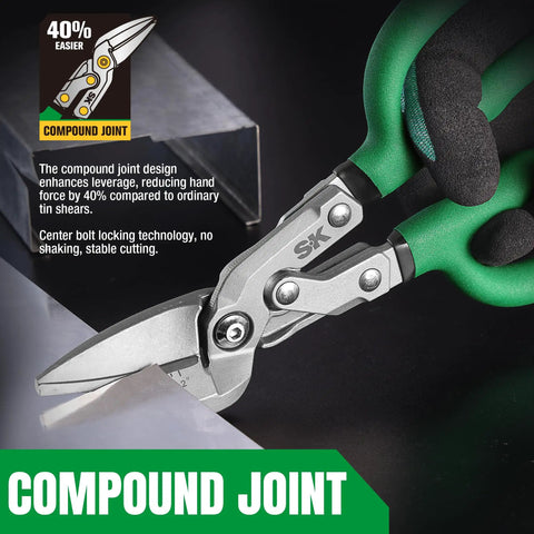 Beefy 10 Inch Bent Compound Action Tin Snips With Drop Forged Blades for heavy duty metal cutting, ergonomic handles visible
