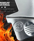 Close-up of Portable Stretch Belt Tool Kit made of high-hardness steel for cars, trucks, and carts with flames background.