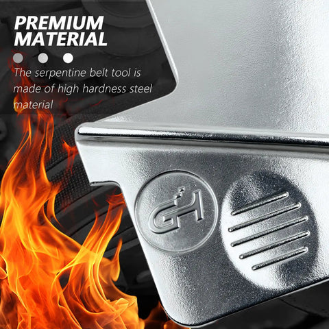 Close-up of Portable Stretch Belt Tool Kit made of high-hardness steel for cars, trucks, and carts with flames background.