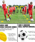 Children playing soccer with the Kid Soccer Goal Set With Pop Up Nets, Targets, Cones And Ball, 4x3 Ft Portable Indoor Outdoor Soccer Training Kit