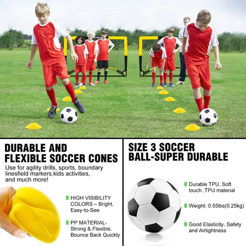 Children playing soccer with the Kid Soccer Goal Set With Pop Up Nets, Targets, Cones And Ball, 4x3 Ft Portable Indoor Outdoor Soccer Training Kit