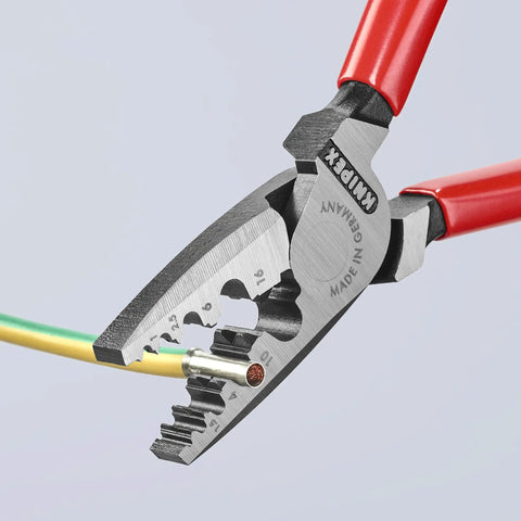 Workhorse Crimping Pliers for Cable Ferrules and Wire Terminals, DIN 46228 Compliant, shown crimping a ferrule connector.