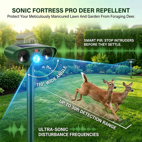 2 Pack Ultrasonic Deer Repellent With Motion Sensor For Garden And Yard on stake with solar panel, 110° PIR and 30 ft range