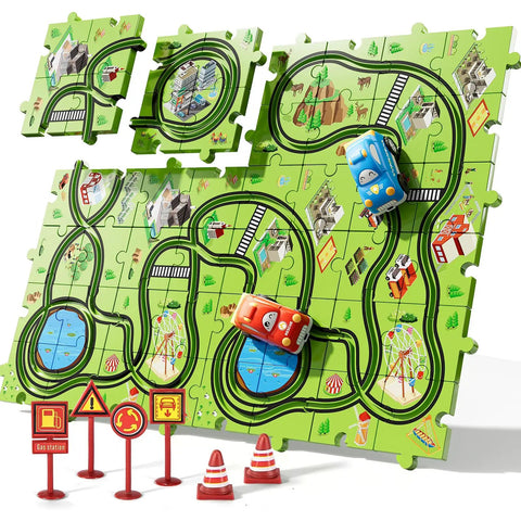 56 Piece Jigsaw Race Track Car Set For Toddlers And Kids Ages 2 3 4 5 6 Colorful City Theme Puzzle Tracks With Cars And Traffic Signs