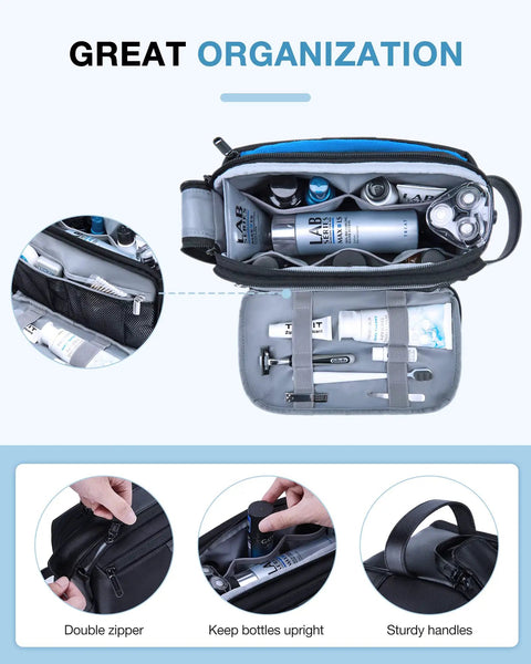 Men Toiletry Bag Large Travel Organizer Dopp Kit Water Resistant PU Leather Exterior With Wide Opening Interior Compartments For Grooming Essentials In Black, showing organized interior and sturdy handles.