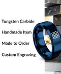 Slick Cartesian Grid Design Dope Blue Plated Tungsten Carbide Wedding Ring shown on metal blocks, size 8.5, handmade with engraving.