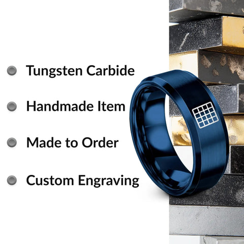Slick Cartesian Grid Design Dope Blue Plated Tungsten Carbide Wedding Ring shown on metal blocks, size 8.5, handmade with engraving.