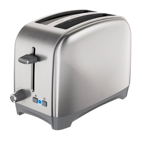 Two Slice Extra Wide Slot Toaster With Self Centering Guides Seven Shade Settings No Fuss Easy Clean Crumb Tray One Touch Frozen And Cancel Classic Stainless Steel Design For Quick Even Toast Everyday, stainless steel body, side view.