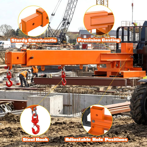 Built Tough Fork Mounted Jib Crane Boom Lift 6613 Lbs Capacity with steel hooks and adjustable positions on a construction site.