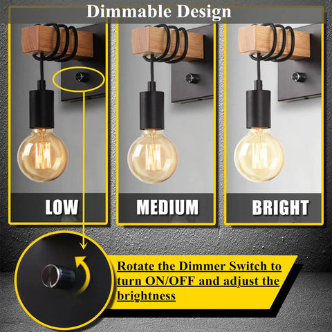 Dimmable Edison Style Black Wall Sconce With On Off Dimmer Switch, 1 Light Industrial Farmhouse Wall Lamp showing brightness settings